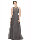 Long A-Line Illusion High Neck Sleeveless Pewter Tulle Lace Bridesmaid Dress Alma