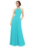 Aqua A-Line Halter Sleeveless Long Bridesmaid Dress Taylor