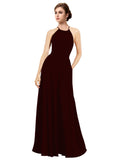 Burgundy Gold A-Line Halter Sleeveless Long Bridesmaid Dress Taylor