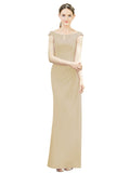 Champagne Mermaid, Fit and Flare Bateau, High Neck Sleeveless Long Bridesmaid Dress Emilee 