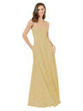 Gold A-Line Spaghetti Straps Square Sleeveless Long Bridesmaid Dress Mota