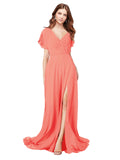 RightBrides Marisol Coral A-Line V-Neck Cap Sleeves Long Bridesmaid Dress