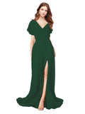 RightBrides Marisol Dark Green A-Line V-Neck Cap Sleeves Long Bridesmaid Dress