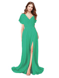 RightBrides Marisol Emerald Green A-Line V-Neck Cap Sleeves Long Bridesmaid Dress