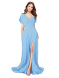 RightBrides Marisol Periwinkle A-Line V-Neck Cap Sleeves Long Bridesmaid Dress