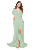 RightBrides Marisol Sage A-Line V-Neck Cap Sleeves Long Bridesmaid Dress