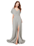 RightBrides Marisol Silver A-Line V-Neck Cap Sleeves Long Bridesmaid Dress