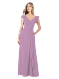 Dark Lavender A-Line V-Neck Cap Sleeves Long Bridesmaid Dress Taryn