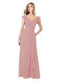 Dusty Pink A-Line V-Neck Cap Sleeves Long Bridesmaid Dress Taryn
