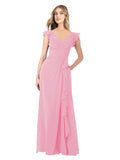 Hot Pink A-Line V-Neck Cap Sleeves Long Bridesmaid Dress Taryn