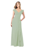 Smoke Green A-Line V-Neck Cap Sleeves Long Bridesmaid Dress Taryn
