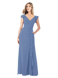 Windsor Blue A-Line V-Neck Cap Sleeves Long Bridesmaid Dress Taryn