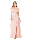 Pink A-Line Square Cap Sleeves Long Bridesmaid Dress Dione