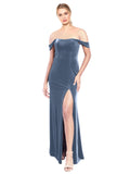 Dusty Blue A-Line Strapless Off the Shoulder Long Sleeveless Stretch Velvet Bridesmaid Dress Zelaya