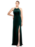 Dark Green A-Line Jewel, Spaghetti Straps Long Sleeveless Stretch Velvet Bridesmaid Dress Payne