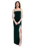 Dark Green Sheath Square Spaghetti Straps Long Sleeveless Stretch Velvet Bridesmaid Dress Wrenley