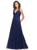 Dark Navy A-Line V-Neck Floor Length Long Bridesmaid Dress Latasha