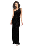 Black Sheath One Shoulder Long Sleeveless Floral Velvet Bridesmaid Dress Keera