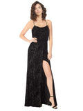 Black A-Line Cowl Long Spaghetti Straps Floral Velvet Bridesmaid Dress Leif