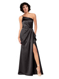 Black A-Line One Shoulder Sleeveless Long Silky Satin Bridesmaid Dress Loire