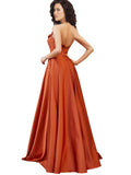 Long Silky Satin A-Line Round Neck Sleeveless Burnt Orange Bridesmaid Dress Ebrill