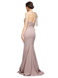 RightBrides Dominic Long Mermaid Sweetheart One Shoulder Sweep Train Floor Length Dusty Pink Stretch Crepe Tulle Bridesmaid Dress