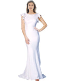 RightBrides Eden Long Mermaid Round Neck Sweep Train Floor Length Sleeveless White Stretch Crepe Bridesmaid Dress