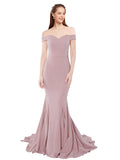 RightBrides Jannet Long Mermaid Off the Shoulder Sweetheart Sweep Train Floor Length Sleeveless Dusty Pink Stretch Crepe Bridesmaid Dress