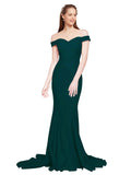 RightBrides Jannet Long Mermaid Off the Shoulder Sweetheart Sweep Train Floor Length Sleeveless Midnight Green Stretch Crepe Bridesmaid Dress
