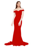 RightBrides Jannet Long Mermaid Off the Shoulder Sweetheart Sweep Train Floor Length Sleeveless Red Stretch Crepe Bridesmaid Dress