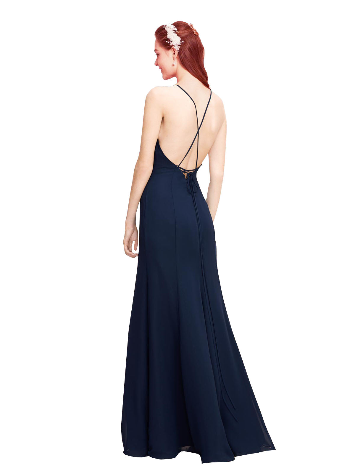 Shop Online Mermaid Halter High Neck Floor Length Sleeveless Long Dark Navy Bridesmaid Dresses Terrica
