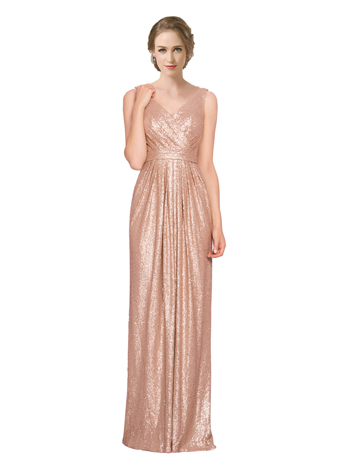 Affordable V-Neck Floor Length Sleeveless Long Rose Gold Bridesmaid Dresses Ayleen