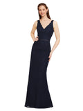 Dark Navy Sheath V-Neck Floor Length Long Bridesmaid Dress Noemi