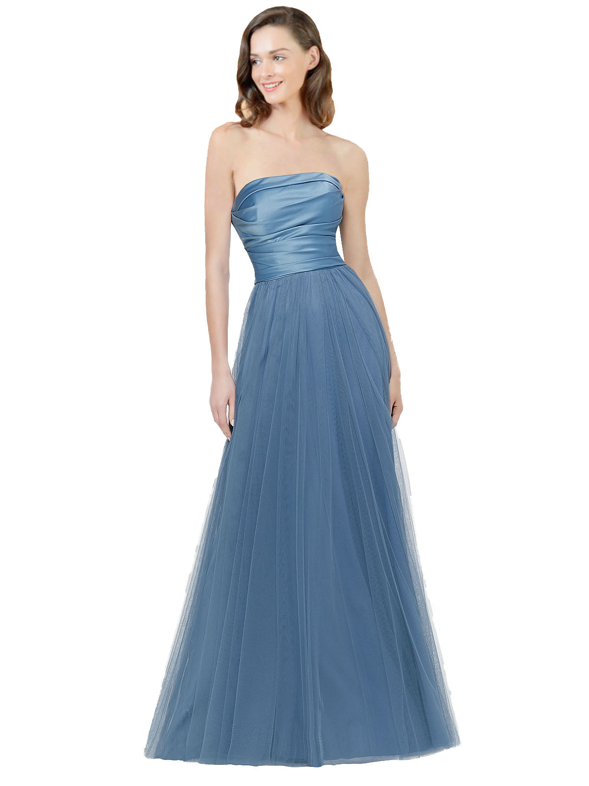 RightBrides Donna Blue A-Line Strapless Floor Length Long Bridesmaid Dress with Low Back