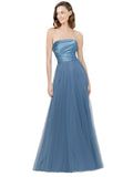 RightBrides Donna Blue A-Line Strapless Floor Length Long Bridesmaid Dress with Low Back