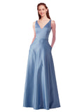 RightBrides Mignon Blue A-Line High Neck Long Satin Bridesmaid Dress