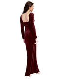 Burgundy A-Line Square Long Long Sleeves Stretch Velvet Bridesmaid Dress Haisley