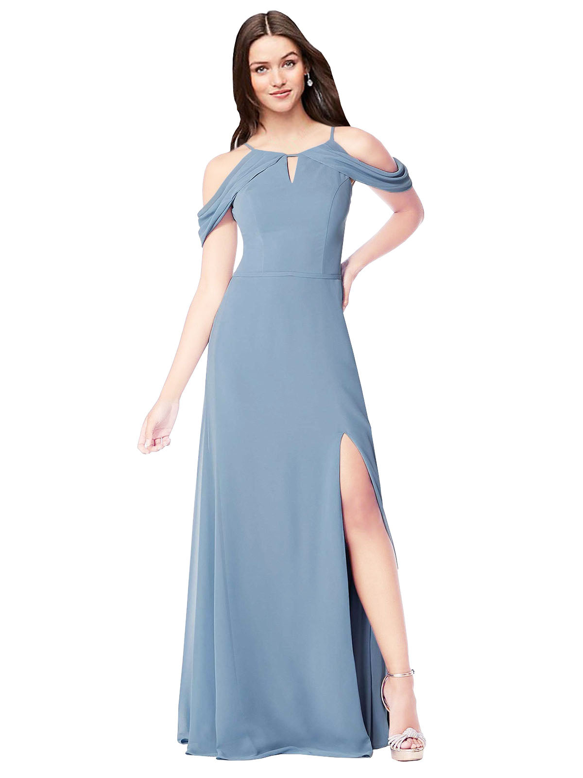 Dusty Blue A-Line Off the Shoulder Sleeveless Long Bridesmaid Dress Kayli