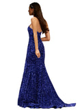 RightBrides Nell Royal Blue Slim Fit Long Sheath One Shoulder Sweep Train Sleeveless Velvet Sequin Prom Dress with Low Open Back & High Slit