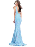 RightBrides Aiza Sky Blue Slim Fit Long Deep V-Neck Sweep Train Sleeveless Velvet Sequin Prom Dress with V-Back