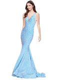 RightBrides Aiza Sky Blue Slim Fit Long Deep V-Neck Sweep Train Sleeveless Velvet Sequin Prom Dress with V-Back