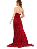 RightBrides Zofia Burgundy Slim Fit Long Plunging Strapless Sweetheart Sweep Train Sleeveless Velvet Sequin Prom Dress with Low Open Back