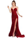 RightBrides Zofia Burgundy Slim Fit Long Plunging Strapless Sweetheart Sweep Train Sleeveless Velvet Sequin Prom Dress with Low Open Back