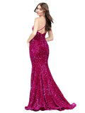 RightBrides Fatimah Deep Fuchsia Sexy and Sleek Long Mermaid One Shoulder Sweep Train Sleeveless Velvet Sequin Prom Dress with Low Open Back