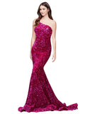 RightBrides Fatimah Deep Fuchsia Sexy and Sleek Long Mermaid One Shoulder Sweep Train Sleeveless Velvet Sequin Prom Dress with Low Open Back