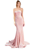 RightBrides Ocean Pink Sexy and Sleek Long Mermaid Strapless Sweep Train Sleeveless Velvet Sequin Prom Dress with Low Open Back