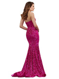 RightBrides Verity Dark Fuchsia Sexy and Sleek Long Mermaid Strapless Sweetheart Sweep Train Sleeveless Velvet Sequin Prom Dress with Low Open Back