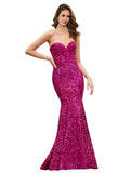 RightBrides Verity Dark Fuchsia Sexy and Sleek Long Mermaid Strapless Sweetheart Sweep Train Sleeveless Velvet Sequin Prom Dress with Low Open Back