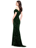RightBrides Halima Dark Green Sexy and Sleek Long Sheath One Shoulder Sweep Train Sleeveless Velvet Sequin Prom Dress with High Slit & Low Open Back
