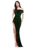 RightBrides Halima Dark Green Sexy and Sleek Long Sheath One Shoulder Sweep Train Sleeveless Velvet Sequin Prom Dress with High Slit & Low Open Back